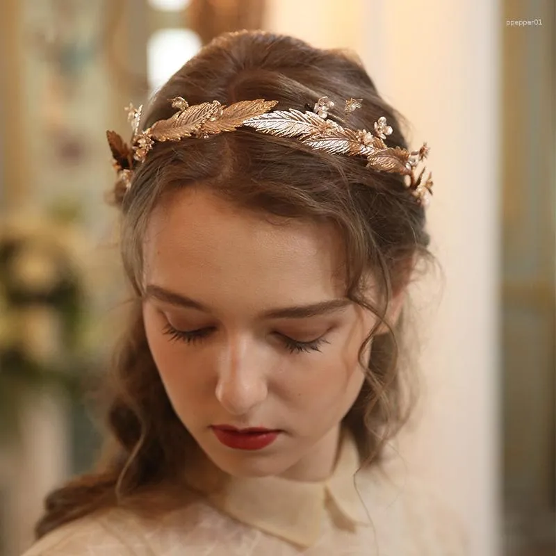 Hair Clips Gold Color Leaf Flower Wedding Tiara Bridal Crown Vintage Women Party Prom Hairband Piece Hand Wired