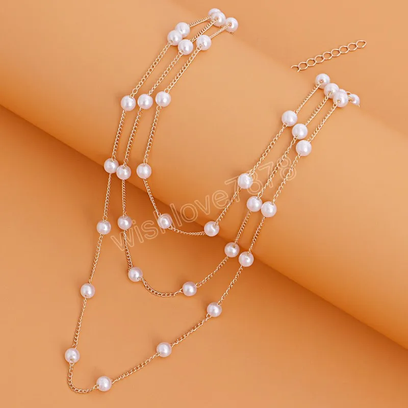 Simple géométrique mince Imitation perle couches chaîne collier multicouche clavicule chaîne collier pour femmes Vintage bijoux