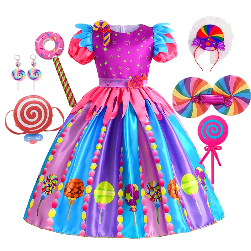 Girl's Dresses Sweet Lollipop Candy Kids Dress Carnival Party Little Girl Birthday Costume Fancy Rainbow Tutu Children Wedding Clothes 230628