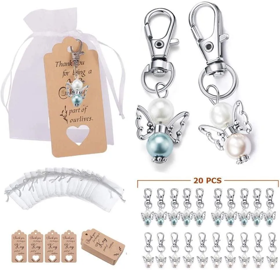 Overige Feestartikelen voor evenementen 20 stuks Engel Design Sleutelhanger Bedankjesset Inclusief Engel Sleutelhangers Organza Geschenkzakjes en Bedanklabels voor Babyshower Bruiloft 230627