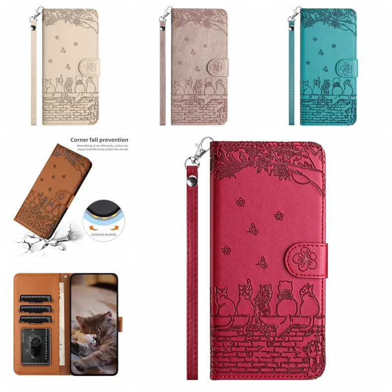 Capas para Xiaomi POCO X5 Pro F5 X4 M4 Redmi Note 12 4G 12C Google 7 7A Impresso Moda Flor Borboleta Carteira de Couro PU Parede de Gato Porta-Cartão Sensação de Pele Capa Flip Cover