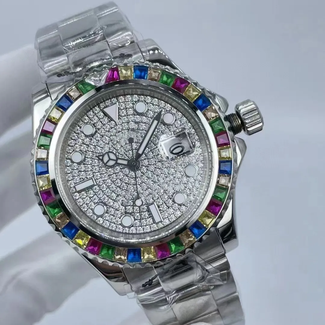 Relógios masculinos de alta qualidade, designer de luxo, relógio mecânico automático, conjunto de diamantes coloridos, pulseira de aço inoxidável de 41 mm, safira à prova d'água, relógio masculino de negócios