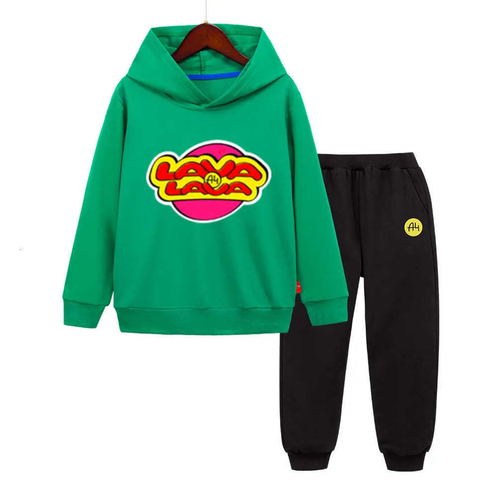 T skjortor "Lava Lava" 4 barn hoodies byxor passar A4 Boy Girl Pullover Sweatshirts Autumn Långärmad babykläder 230627