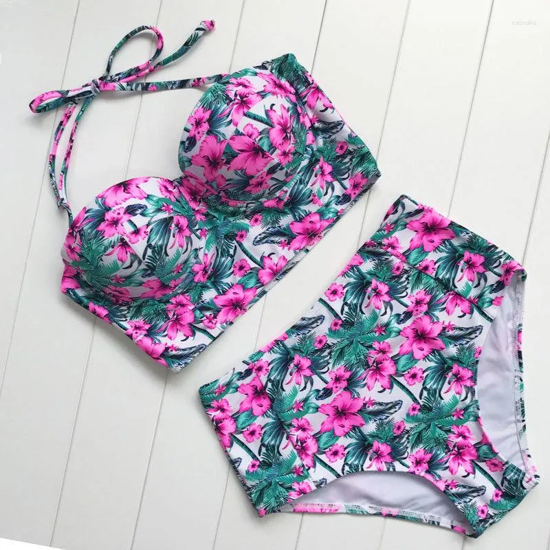 Kvinnors badkläder Summer Kvinnor Floral Bikini Set Hög midja Push-Up Padded Bh Bh Baddräkt Badande tvådelar Dräktstrandkläder