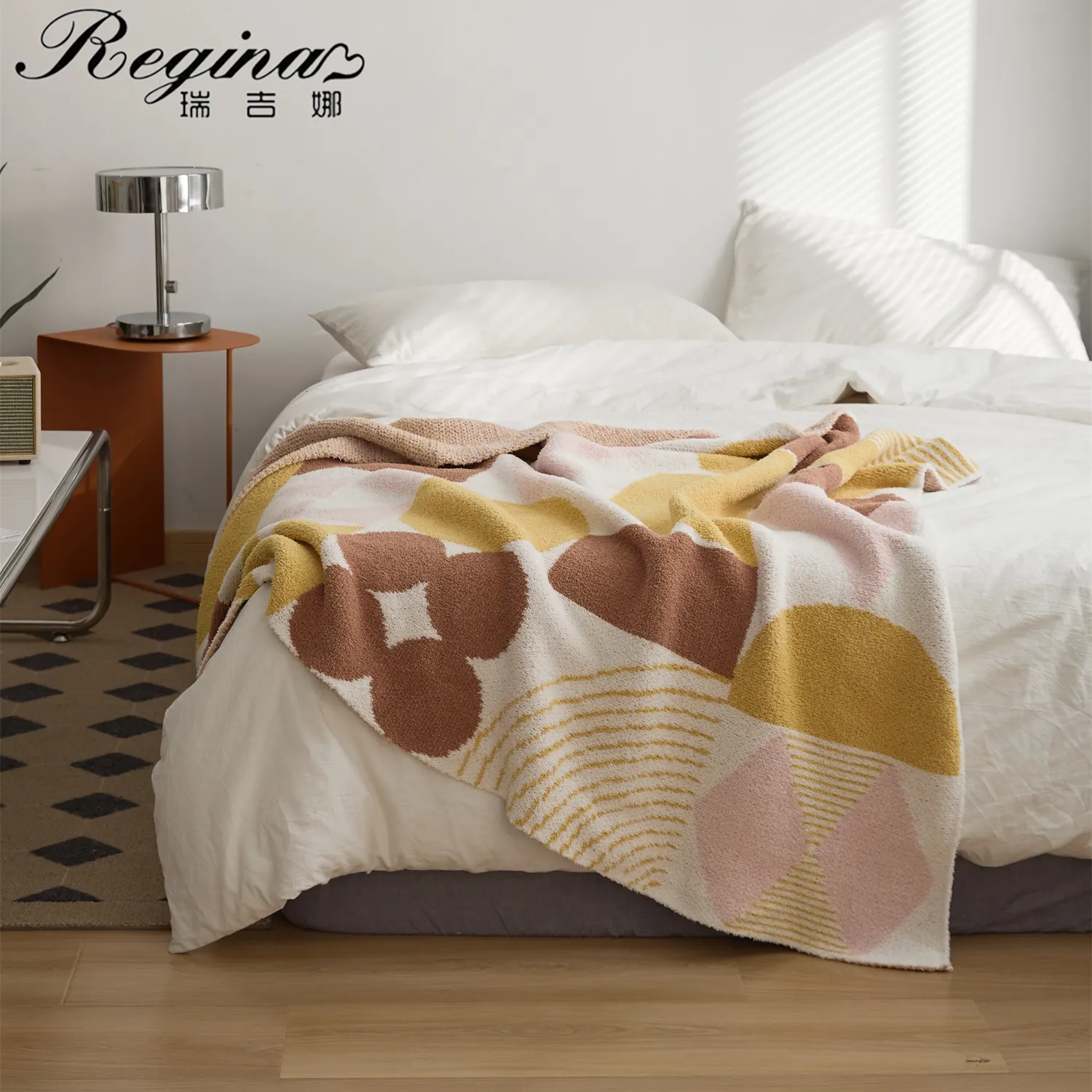 Blankets REGINA Kawaii Geometric Pattern Tangram Throws Fluffy Fuzzy Fur Elegant Microfiber Knitted Sofa Blanket Bed Quilt Throw 230626