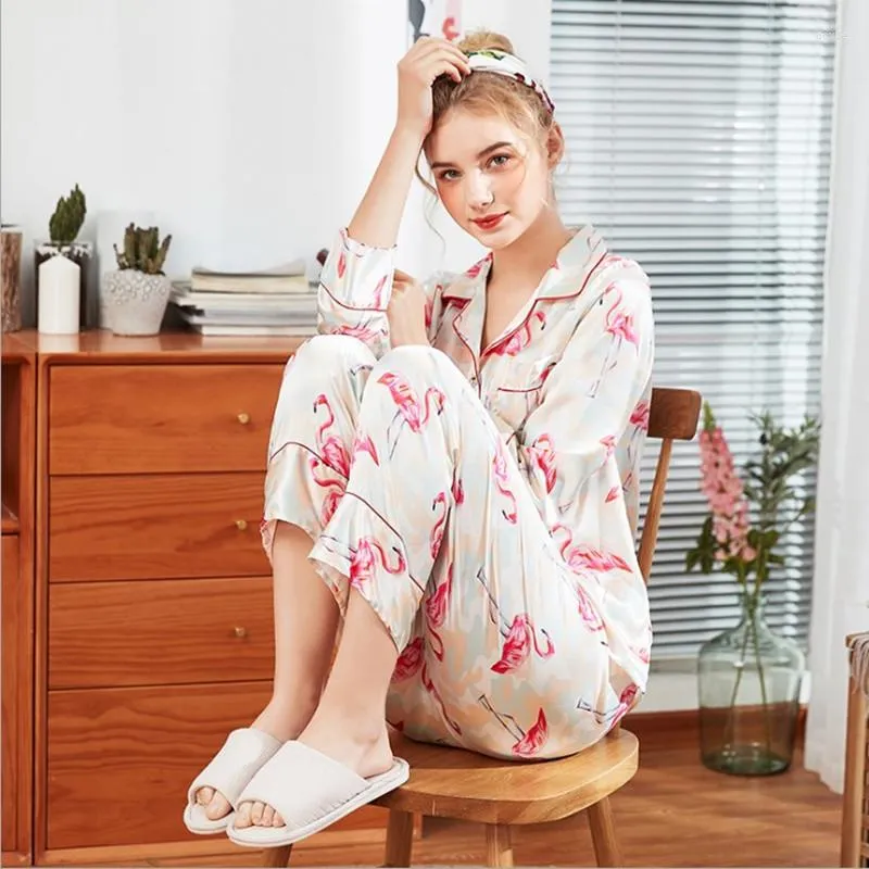 Women's Sleepwear YT- 086 Silk Flamingo Pajama Sets For Women Long Sleeve Animal Print Pyjamas Nightwear