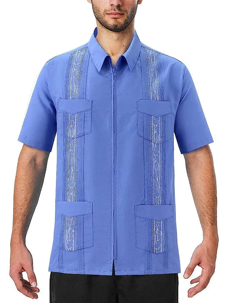Chemises habillées pour hommes à manches courtes Guayabera cubaine Chemise hawaïenne mexicaine à fermeture éclair sur le devant avec poche 230628