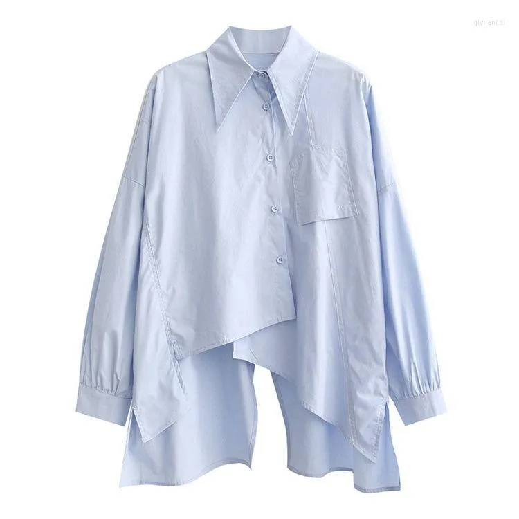 Blouses pour femmes automne solide coton femmes chemises surdimensionnées simple boutonnage à manches longues dame asymétrique Blouse noir blanc bleu