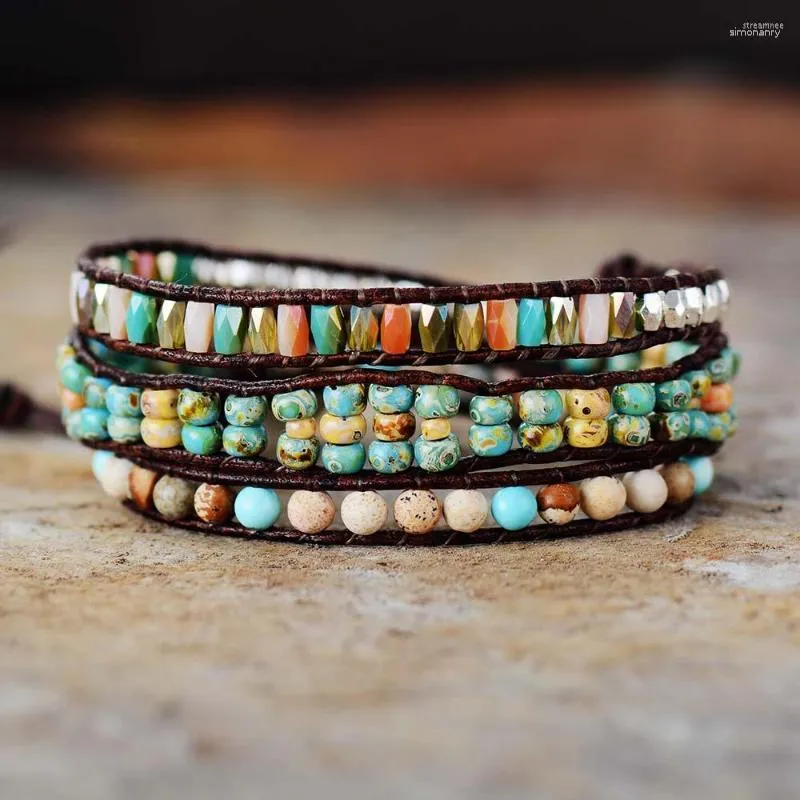 Strand High End Beads Wrap Браслеты с камнями Горный хрусталь 3 нити Кожаный браслет Bijoux Femme Boho Ювелирные изделия ручной работы оптом