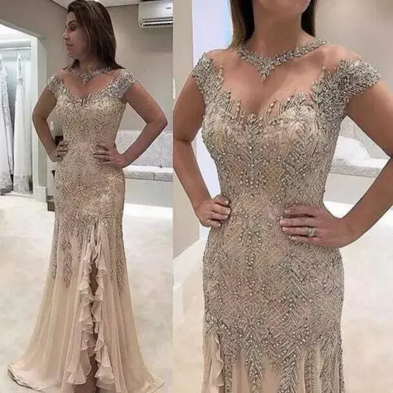 Plus Size Mermaid Beading Sequined High Side Split Elegant Mother of the Bride Dresses Evening Party Gown