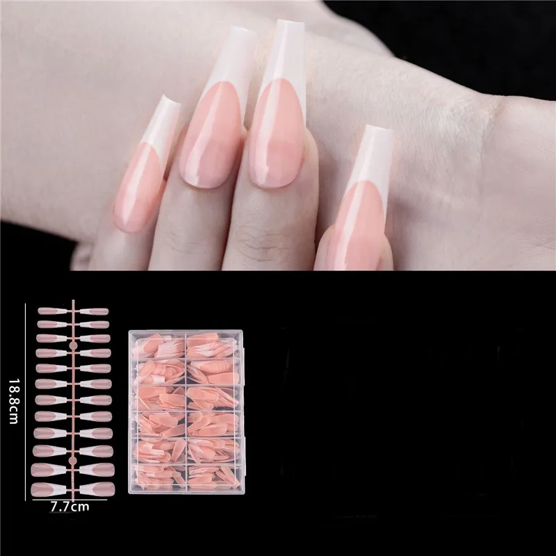 Coffin Press on Nails Long Almond Fake Nails Square French False Nails White Black DIY Wearable Full Cover Nail Tips