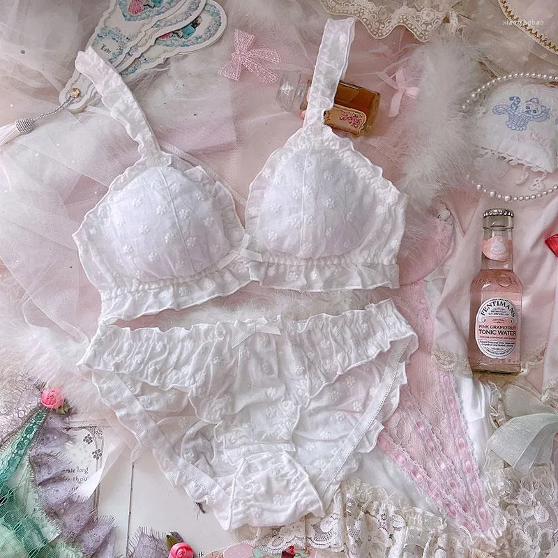 French Retro Pure Desire Cotton Bra & Brief Set Back With White Lace Flower  Design Cute Lolita Maiden Underwear In Lovely Color From Xiaofengbao,  $18.42