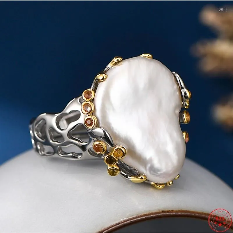 Cluster Rings Genuine S925 Sterling Silver For Women Fashion Exagerate Baroque Freshwater Pearl Micro Inlay Zircon Hollow Jewelry