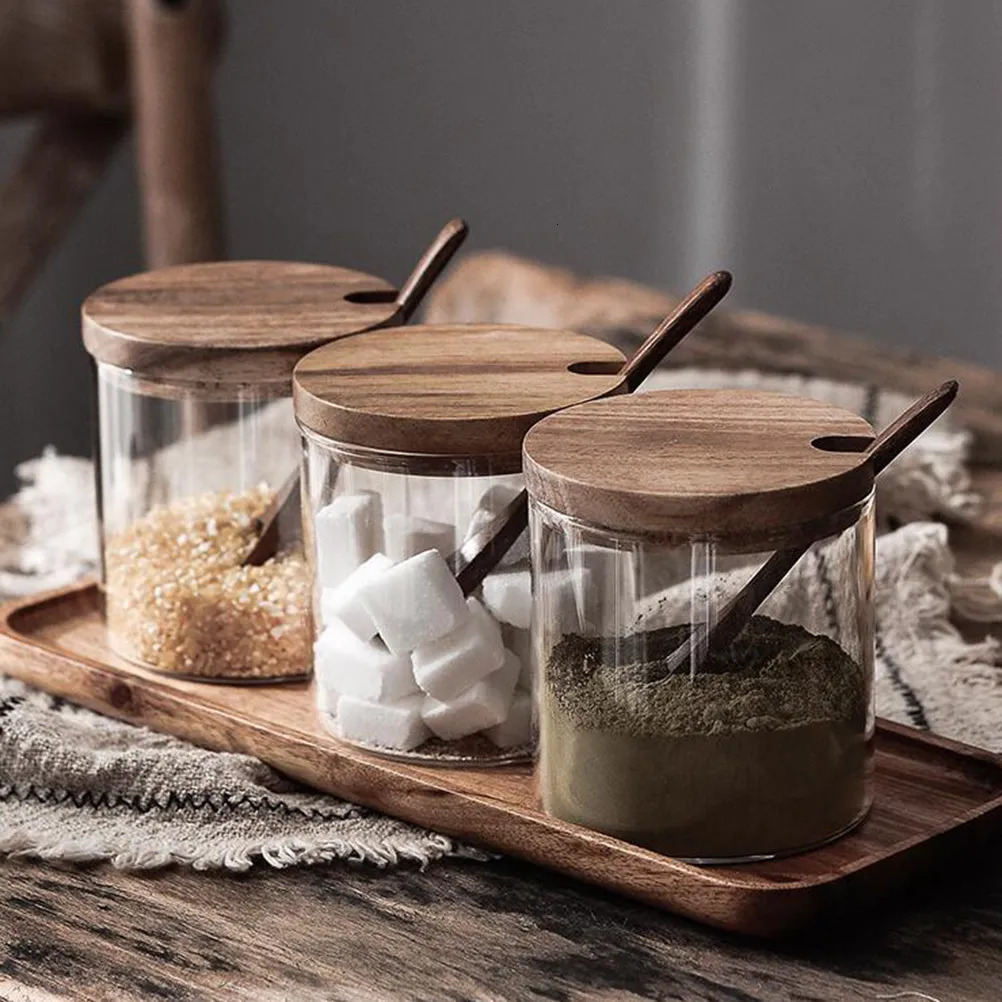 Organisation de stockage de cuisine Bocal d'assaisonnement Verre clair Porte-sel à épices Pot avec couvercle Bocaux en verre sans cuillère 230627