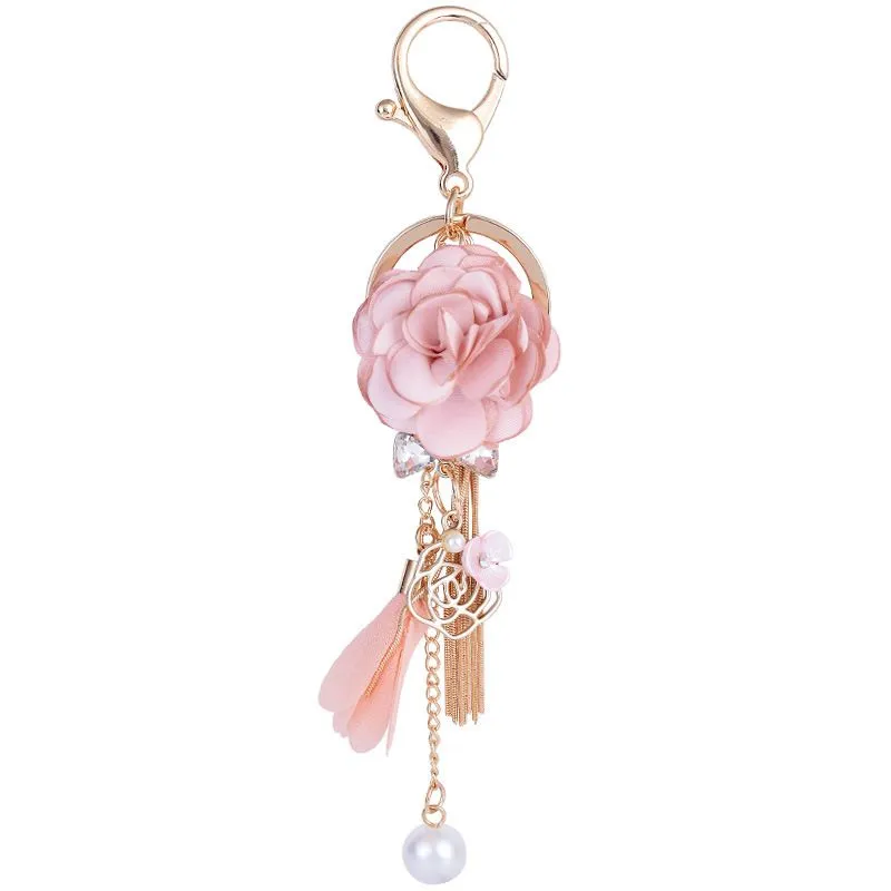 Cloth Rose Flower Key Ring Chiffon Tassel Car Fashion Charm Key Chains Lady Couple Bag Keychain Party Gift