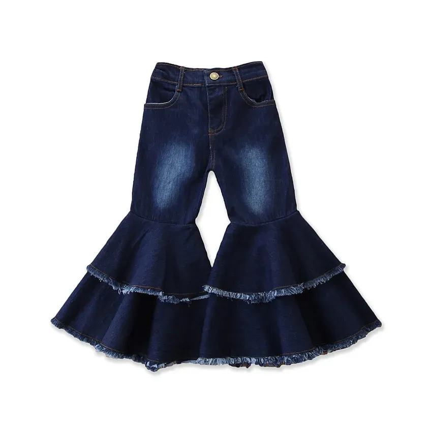 Çocuk Kız Kot Yürümeye Başlayan Bebek Çocuk Çocuk Kız Elbise Çan Alt Delik Yırtık Ruffles Flare Denim Kot Pantolon Pantolon