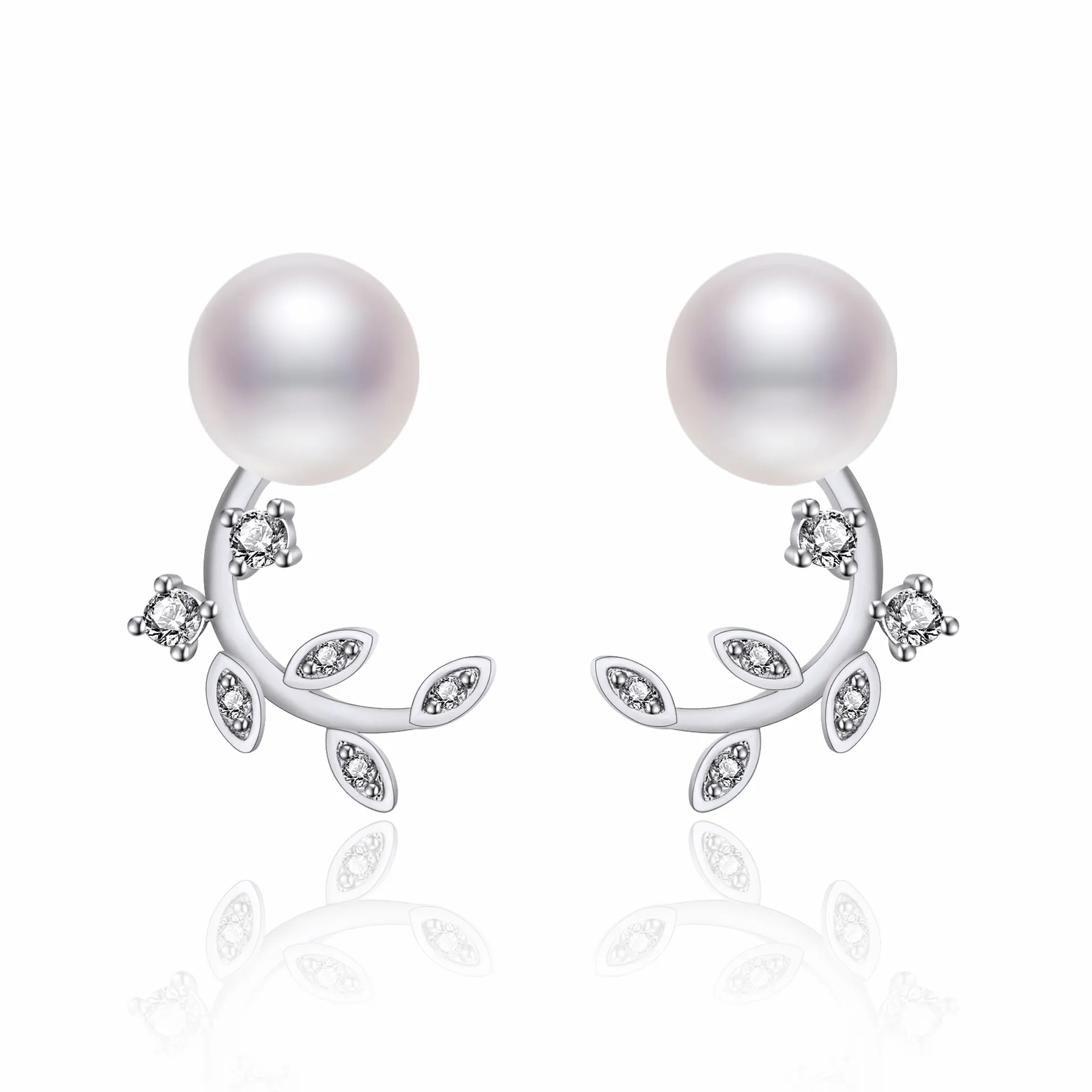 Popular Girl's CZ Leaf Pearl Ear Studs Jewelry Rose Gold/Platinum Plated Silver Stud Earings for Date OL Fashion Jewelry