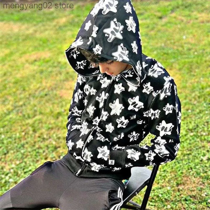 Y2K Mens Full Zip Zip Up Hoodie With Goth Star Graphics And Long