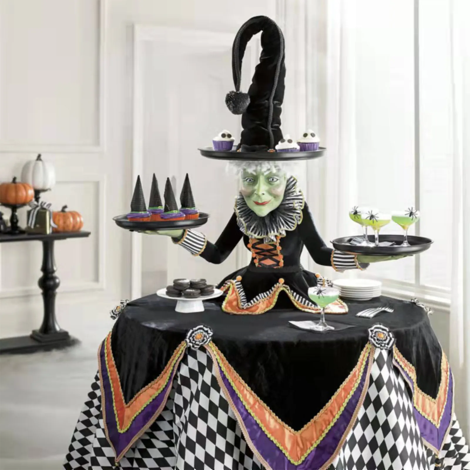 Other Event Party Supplies Halloween Witch Tabletop Server with Harlequin Tablecloth Cupcake Display Stand Home Decoration Resin Statue Tray Funny 230628