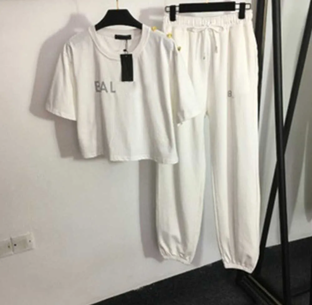 White Sports Two Piece Set Women 100% Cotton B Letter Shoulder Button Short Sleeve T Shirt High Stretch Slim Fit Casual Trousers Womens Outdoor Sportswear 55