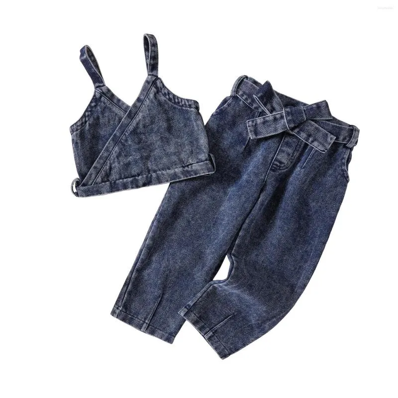 Kläder sätter Summer Girl's Denim Suit Sleeveless Suspender Top Trousers for Girls 1 till 6 år