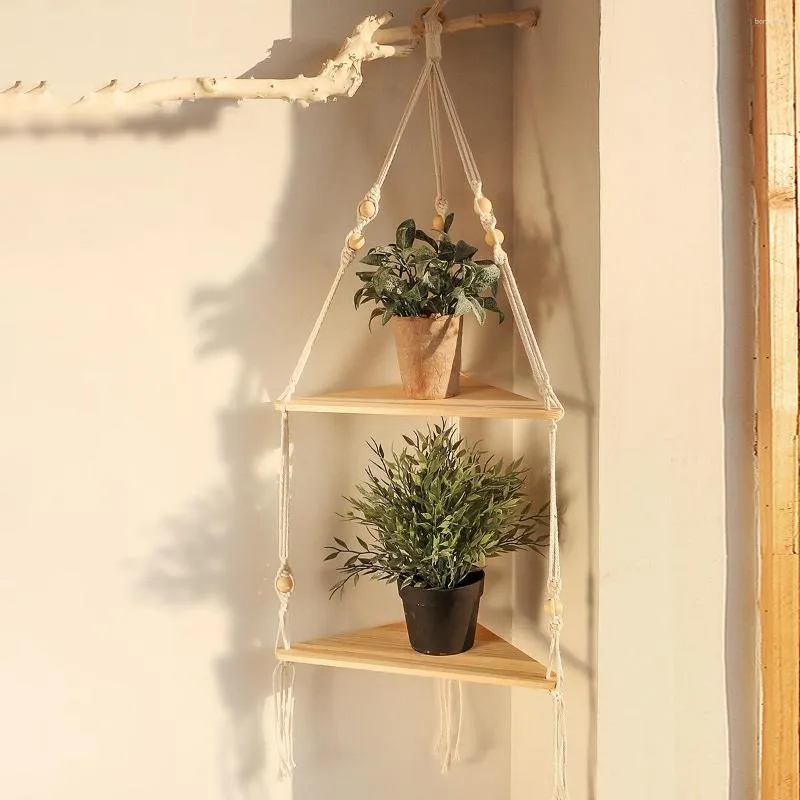 Wooden Macrame Hanging Shelves With Hooks And Floating Rope For Wall,  Bedroom, And Plant Storage 1/2/3 Tier Options Available From Bonziwells,  $15.34