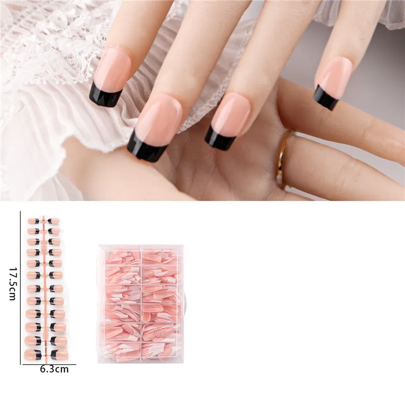 Coffin Press on Nails Long Almond Fake Nails Square French False Nails White Black DIY Wearable Full Cover Nail Tips