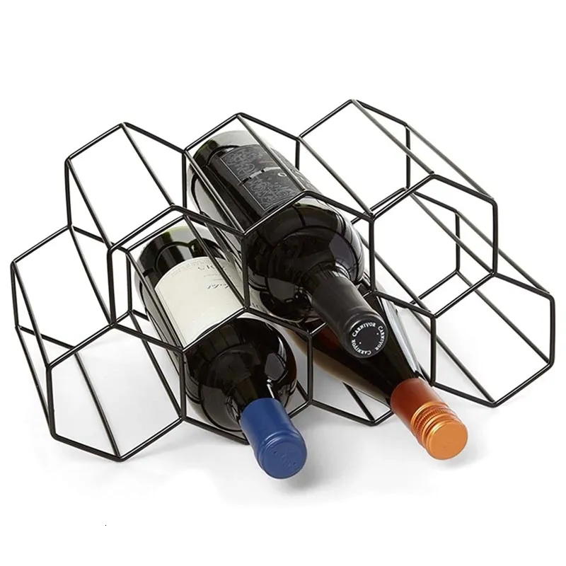 Masaüstü Şarap Rafları Altıgen Metal Şarap Şişesi Rafı 7 Şişe Kabine Dekorasyon Vitrin Şarap Depolama Raf Ev Masa Aksesuarları 230627