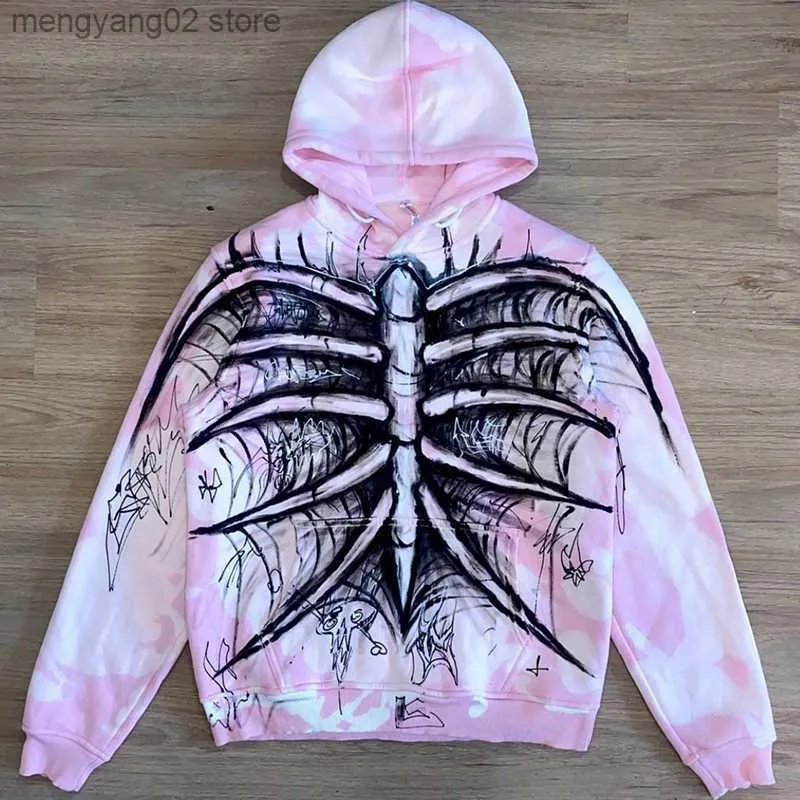 Men's Hoodies Sweatshirts Skull Print Oversized Hoodie Men Punk Sport Loose Coat Harajuku Pink Gothic Streetwear Long Sleeve Fashion Sweatshirt Unisex Top T23628