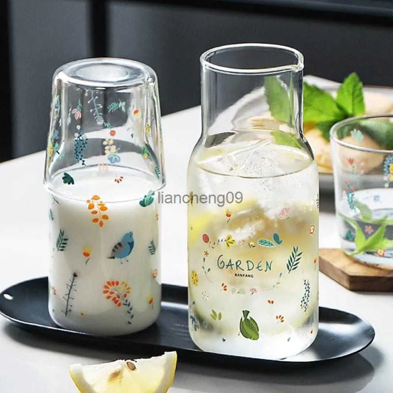 Juego de tazas de té de vidrio con estampado de flores, jarra de agua junto a la cama, jarra de agua nórdica resistente al calor para jugo de leche, taza para beber, botella de agua L230620