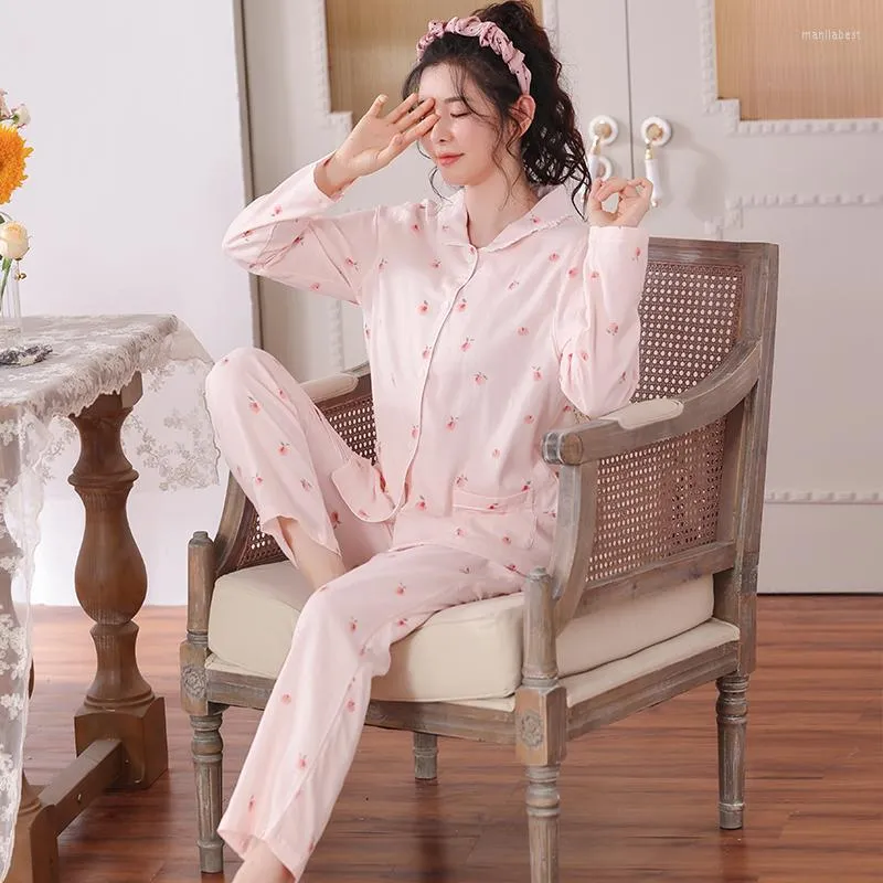 Women's Sleepwear Home Clothes For Young Female Autumn Casual Fruit Print Pajamas Sets Women Soft Modal Long-sleeve Cardigan Pyjamas