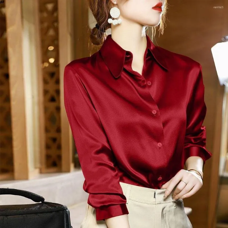 Kvinnors blusar 2023 Överskjorta lyxiga kvinnor Skjorta Elegant Office -knapp Up Long Sleeve Shirts Momi Silk Crepe Satin Business Ladies Top