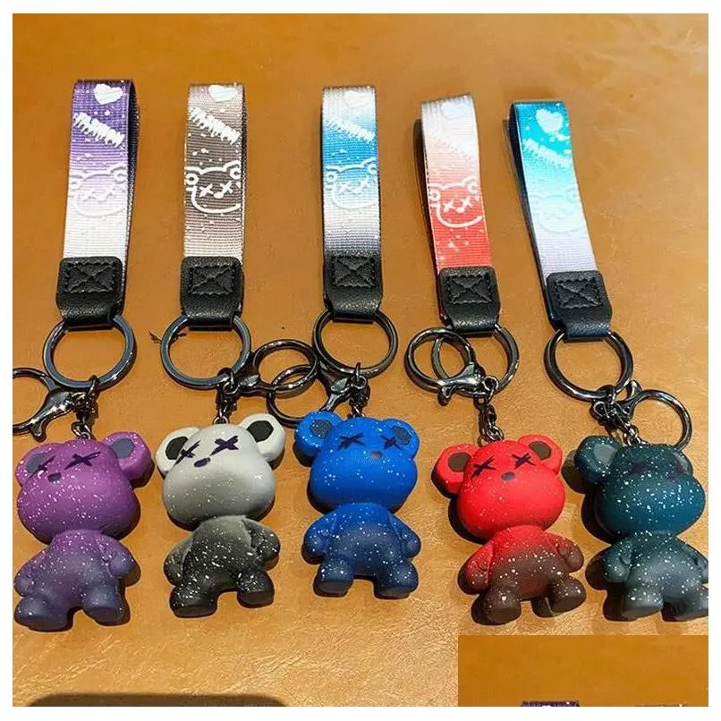 Keychains Lanyards 5 Colors Dazzling Color Starry Sky Bear Keychain Camouflage Pattern Bag Woman Men Car Happy Keyring Drop Delive Dhgbj