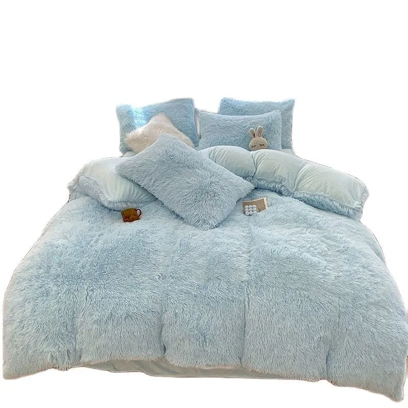 Bedding sets Winter Blue Long Hair Duvet Cover Set Warm Bedding Linen Home Texitle Queen Cystal Flannel Fleece Bedcloth 220*240 Dropship 3pcs 230627