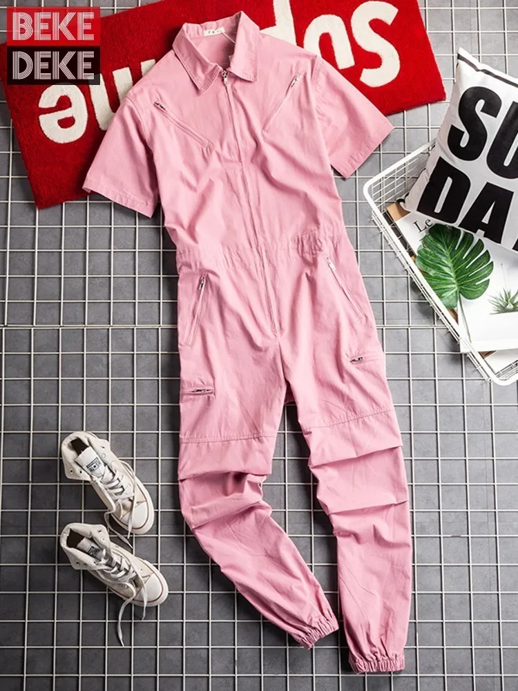 Mäns jeans streetwear mode män hiphop overalls rosa kort ärm jumpsuit harajuku joggers hängslarslast bib byxor fickor 230628