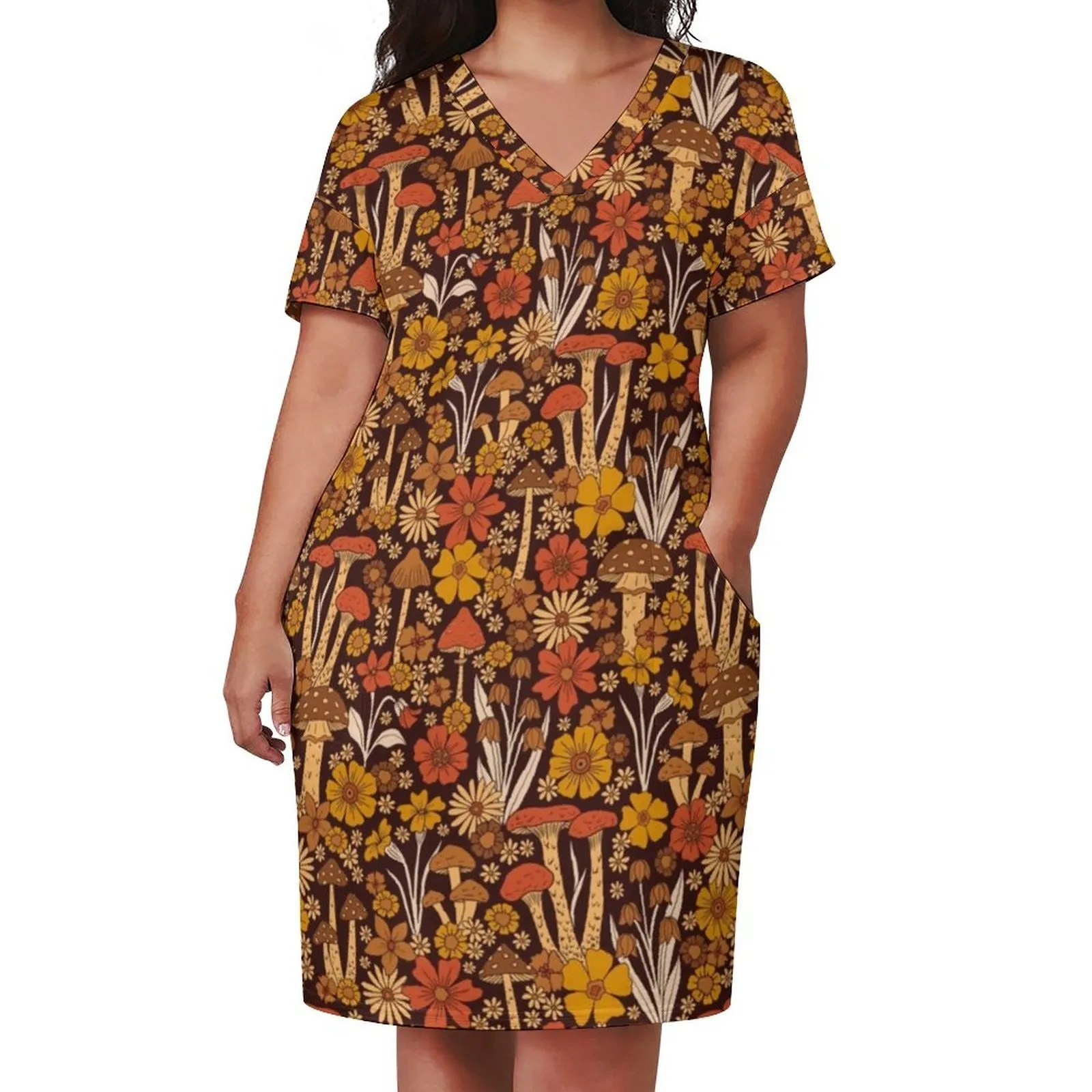 Plus size Dresses Orange Mushrooms Casual Dres Retro 1970s Flowers Print Vintage Holiday V Neck Street Wear Dress Size 230627