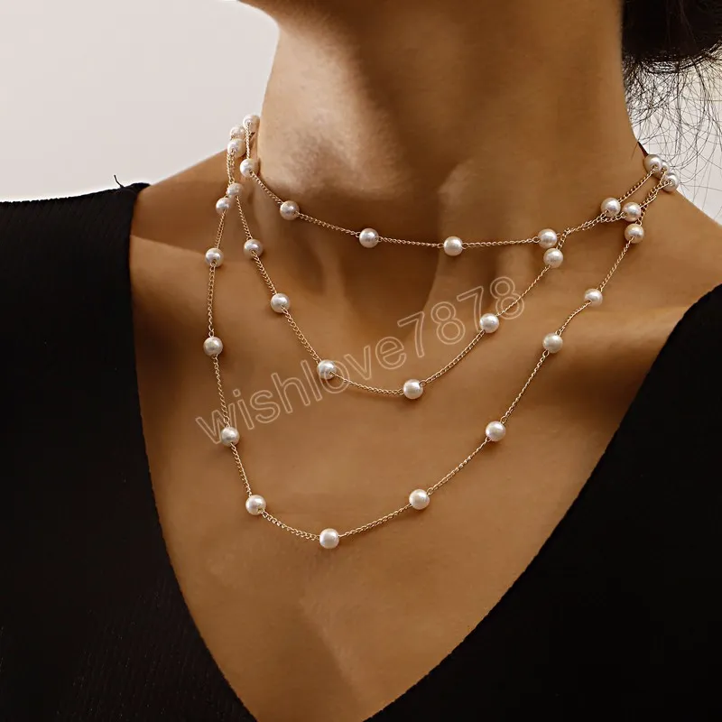 Eenvoudige Geometrische Dunne Imitatie Parel Gelaagde Ketting Ketting Meerlagige Sleutelbeen Ketting Ketting Voor Vrouwen Vintage Sieraden