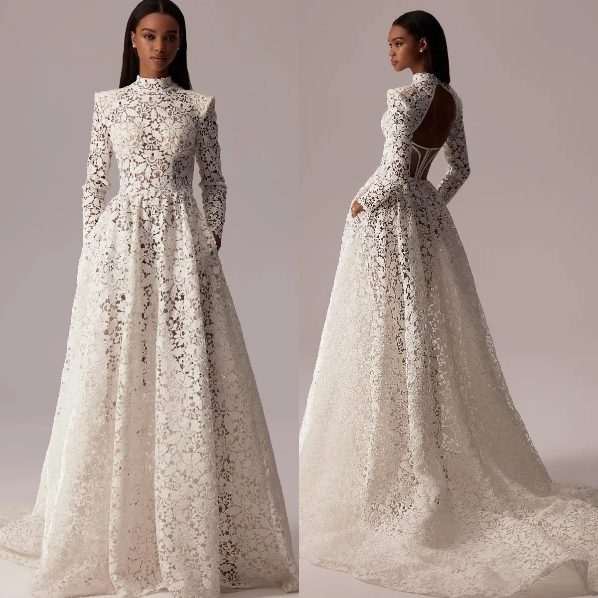 Milla Nova Bohême Une ligne robes de mariée pour la mariée col haut robe de mariée en dentelle creux dos manches longues robes de mariée designer