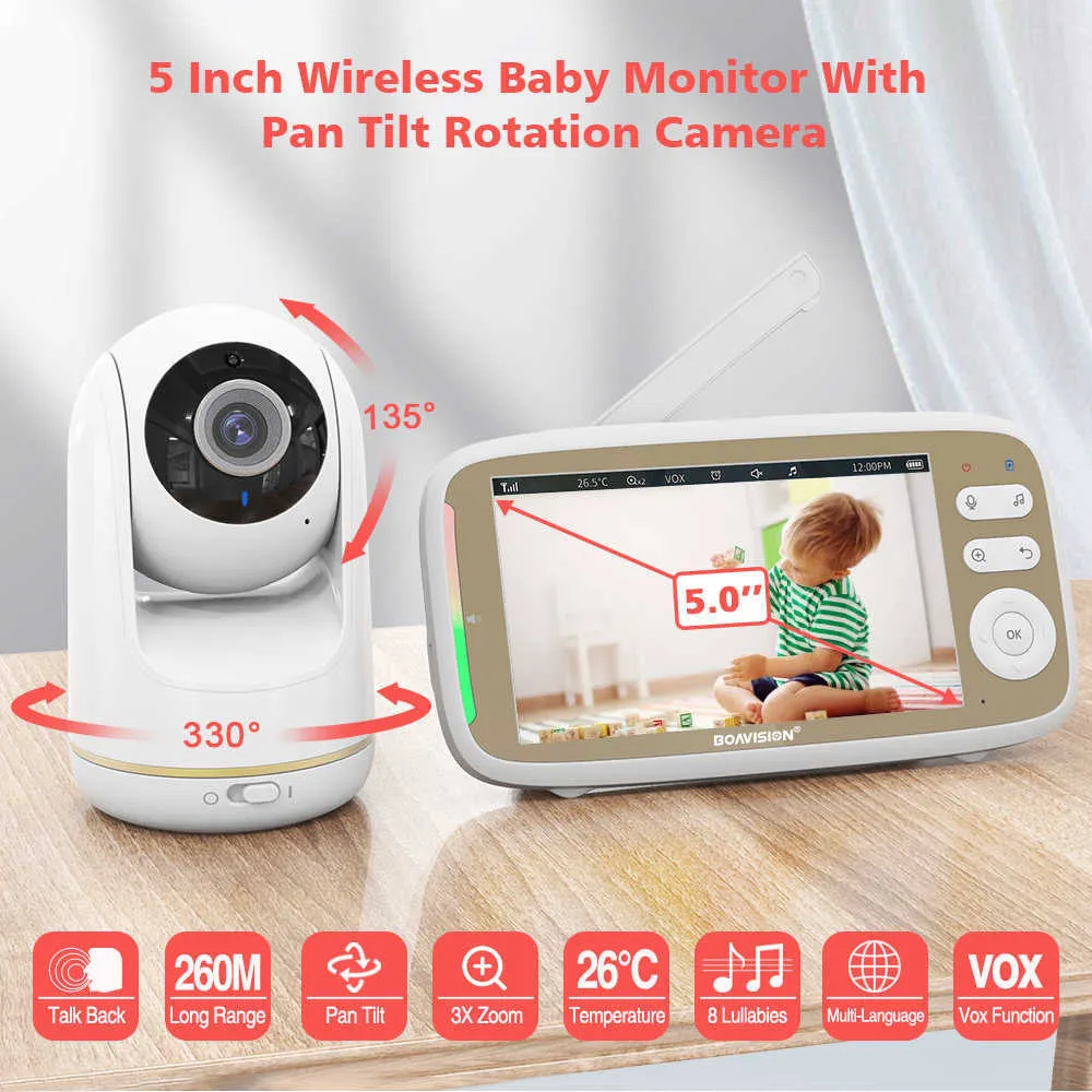 Monitor de vídeo para bebé, cámara de vigilancia con Zoom Pan Tilt,  intercomunicador bidireccional, visión nocturna automática, pantalla IPS, 5