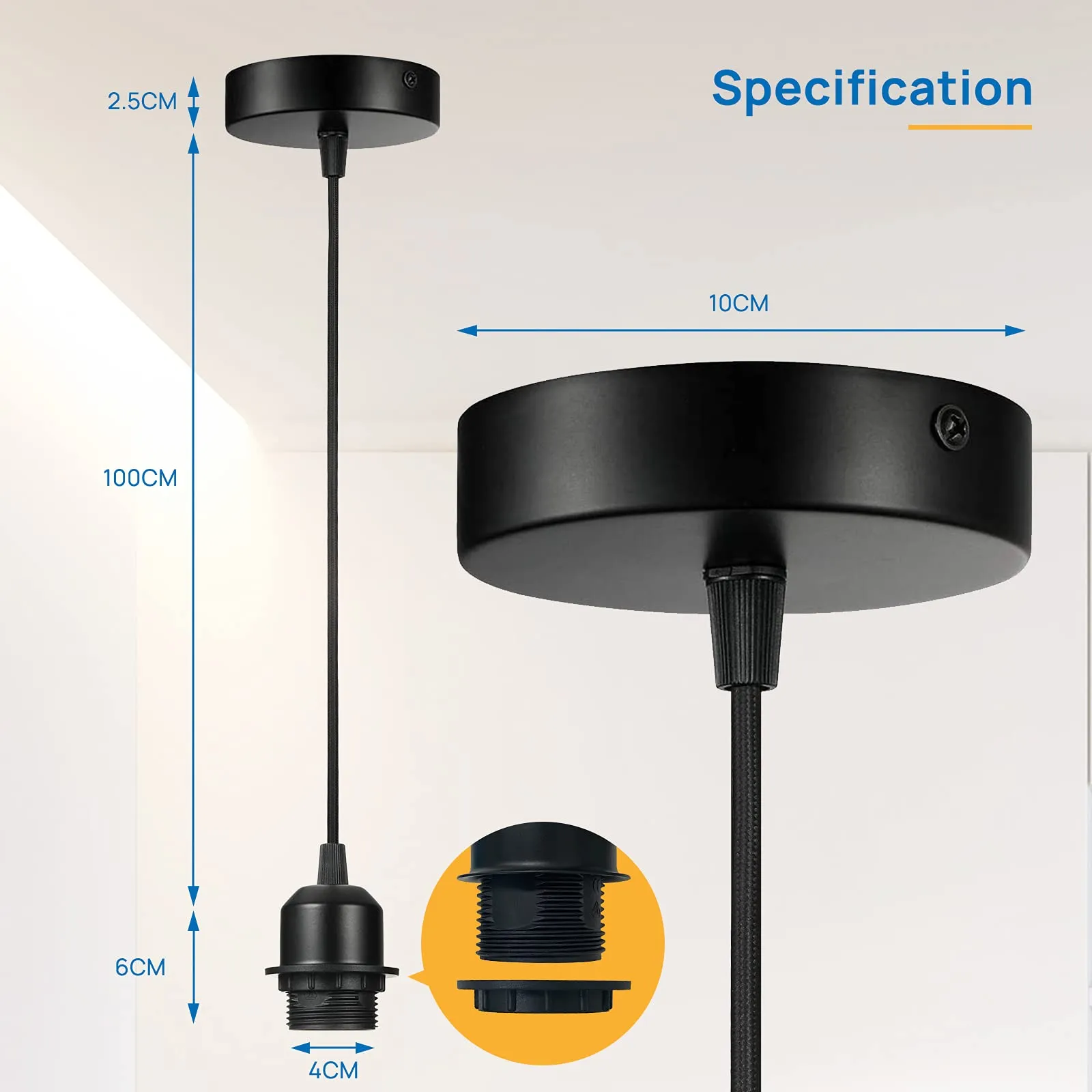 Pełne zęby Vintage E27 OEM rozmiar wiszący uchwyt lampy z 1M Lampa do zasięgu lampy gniazda Podstawa lampy do zawieszenia świateł wiszących