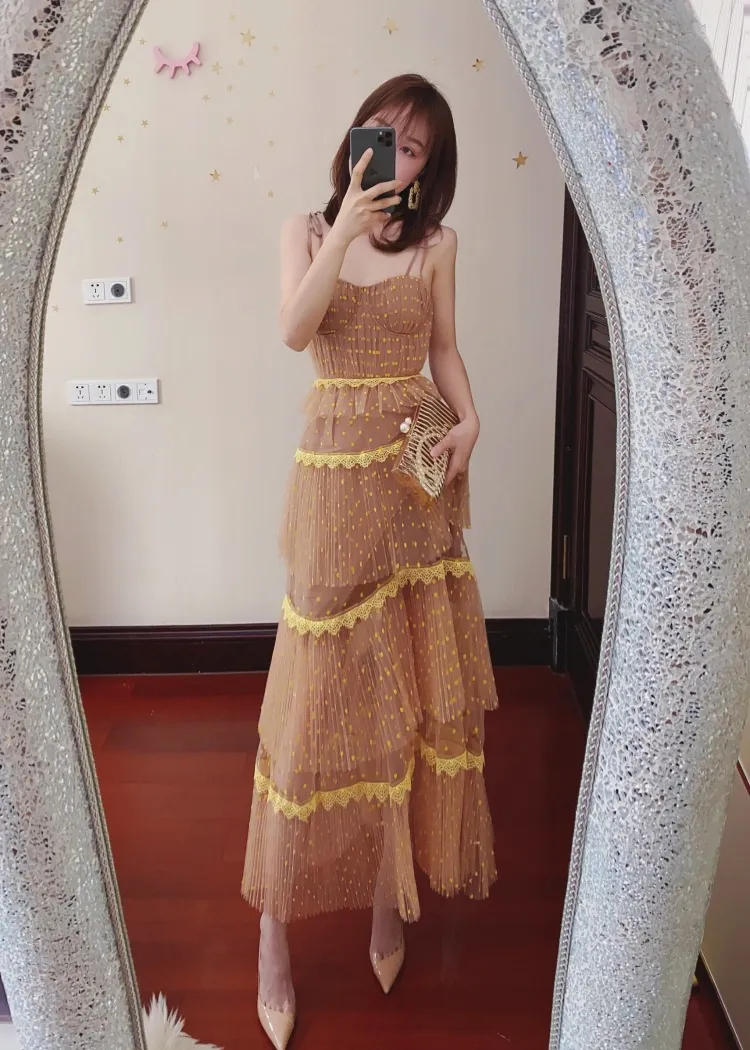 Auth S-elf Portrait Fresh Yellow Mesh Flocked Polka Dot High Waist Strap Dress Cake Long Dress