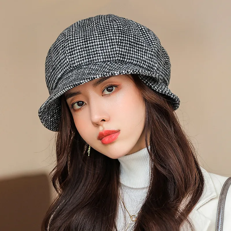 Moda inverno chapéus de caçamba para mulheres outono bonés de pesca quentes elegantes senhoras boné xadrez casual boné Houndstooth menina chapéu de pescador