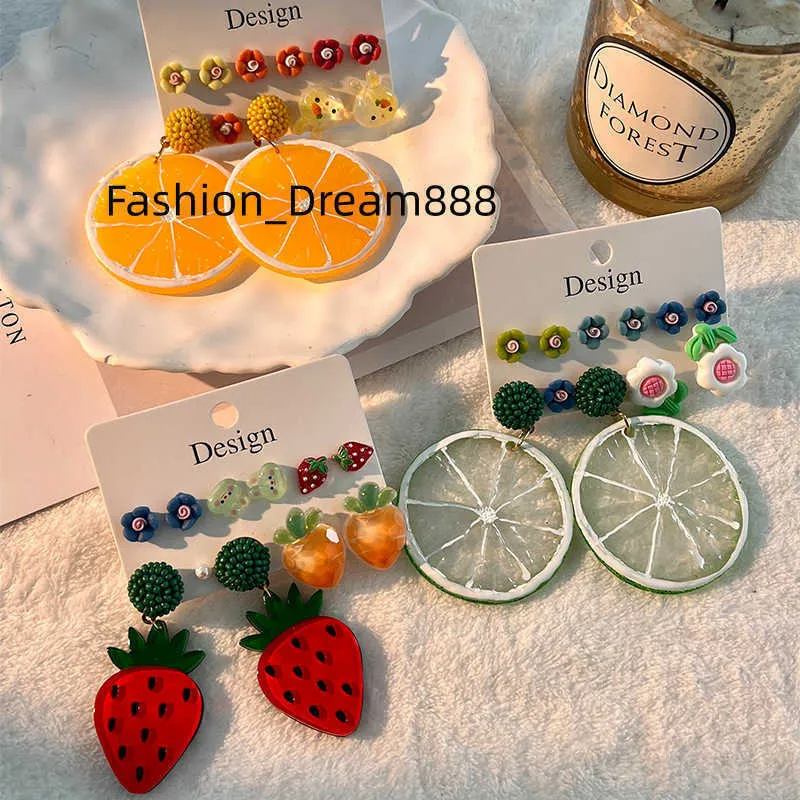 Ensemble de fruits à la fraise au citron exagéré personnalisé, boucles d'oreilles mignonnes en acrylique pour femmes et filles