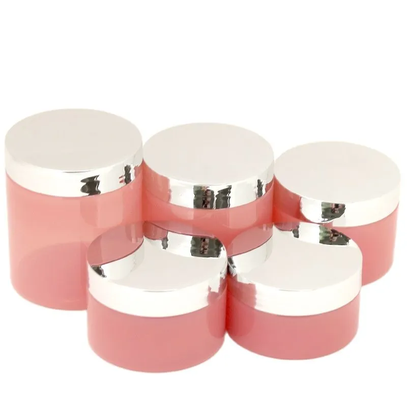 Navulflessen Plastic crèmecontainers Roze PET-huidverzorgingspotten Glanzend goud Zilver deksel Cosmetische potten Lege fles met wijde opening 250ml 200ml 150ml 120ml 100ml