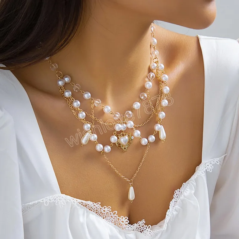 Français Vintage Imitation Perles Clavicule Chaîne Collier Cristal Perles Y2K Collier Femmes Collier Bijoux