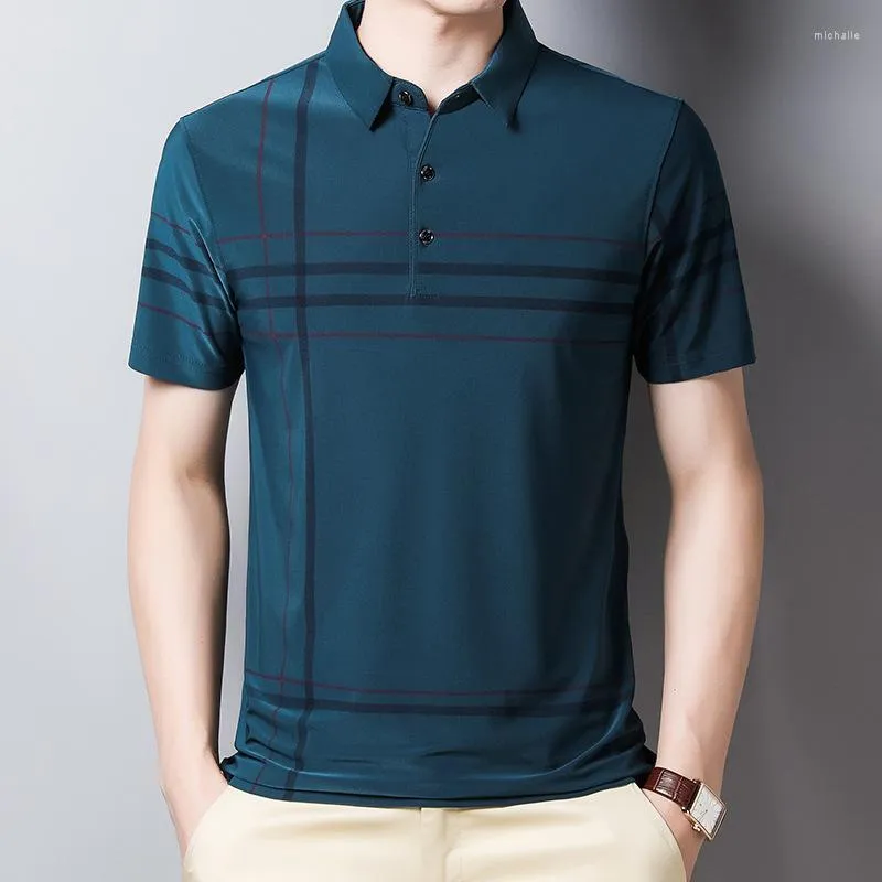 Men's Polos MLSHP Summer Ice Silk Mens Polo Shirts High Quality Short Sleeve Business And Casual Thin Man Tees Simple Plaid Male Tops 3XL