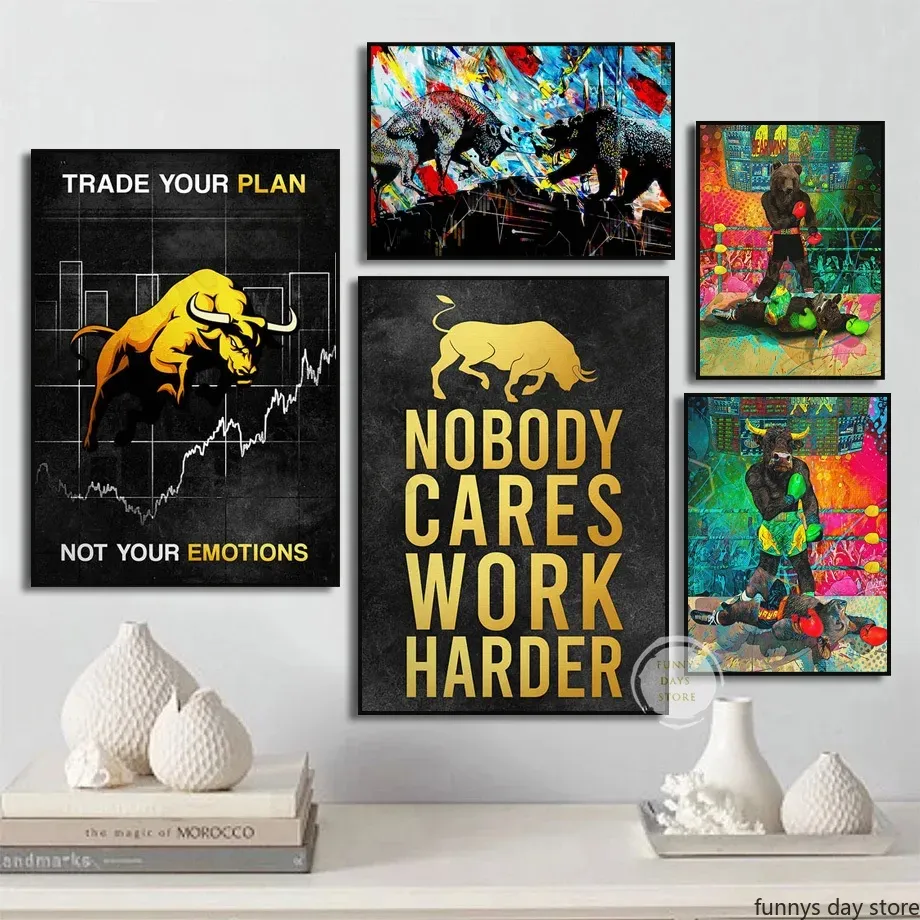 Graffiti Bear Boxing Bull Money Art Canvas Painting Wall Art Pictures Financial Stock Market Motivational Arts Picture for Living Room Home Decor Frameless
