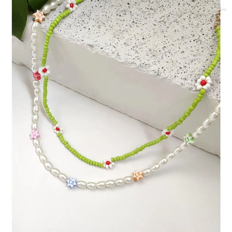 Tour de cou 2 pièces/ensemble Imitation perle vert fleur collier de perles pour les femmes coloré étoile acrylique rocaille brin bohème bijoux