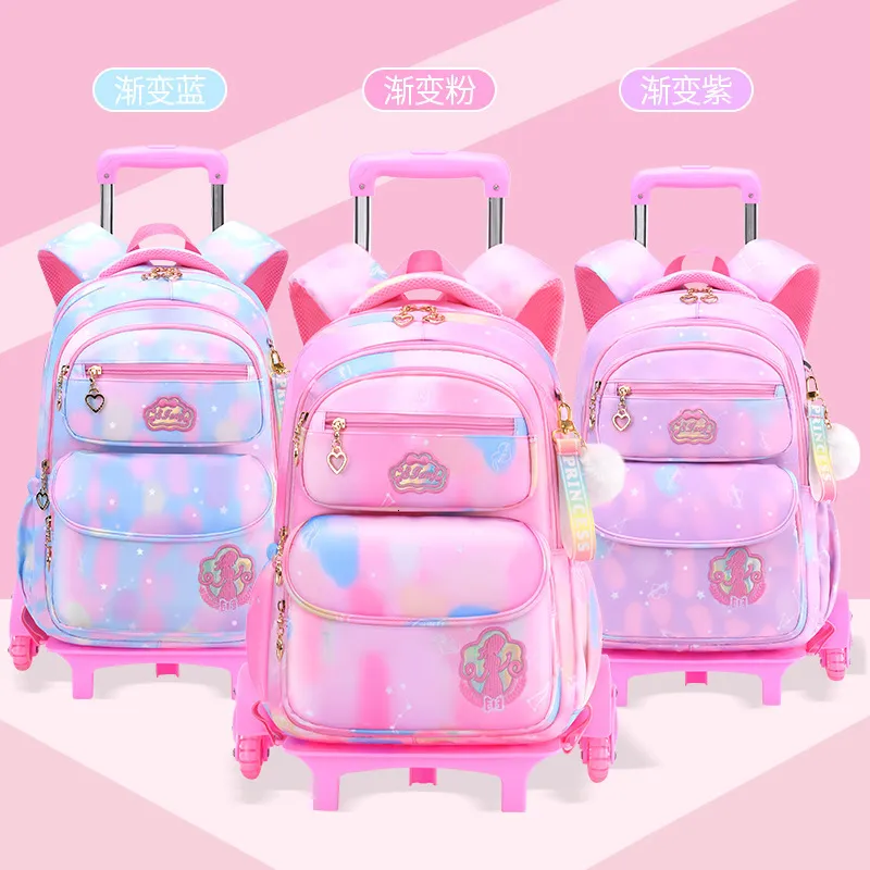 Backpacks Cute Girls Wheel School Bags Children Primary Trolley Backpack Satchel Kids Book Bag Princess Schoolbag Mochila Infantil 230628