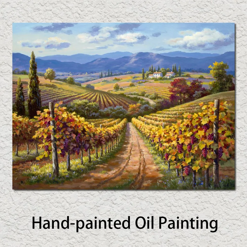 Paesaggi Arte su tela Dipinti ad olio Mediterraneo Vineyard Hill Fiori dipinti a mano Opera d'arte per la decorazione della parete della hall dell'hotel